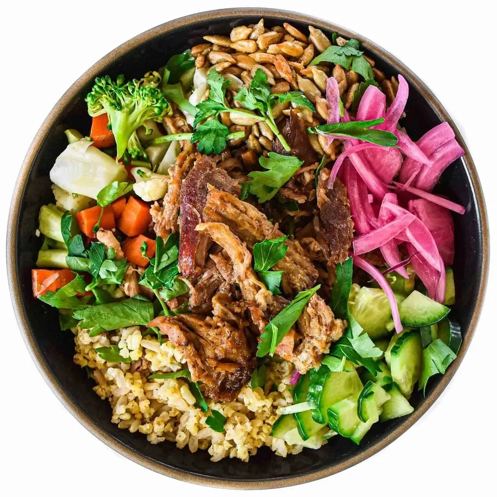 Pork Shoulder Hearty Bowl with Avocado and Lemon Thyme Sauce