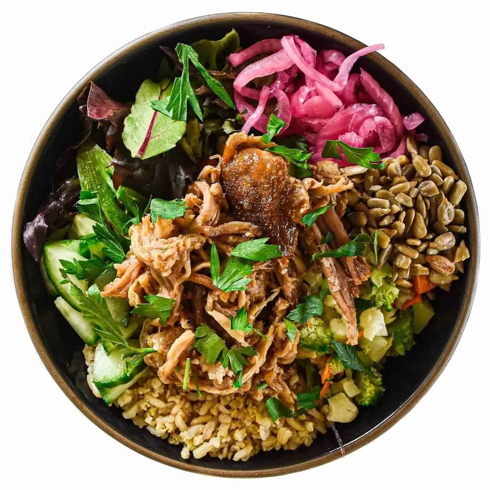 Pork Shoulder Mixed Bowl with Avocado and Lemon Thyme Sauce