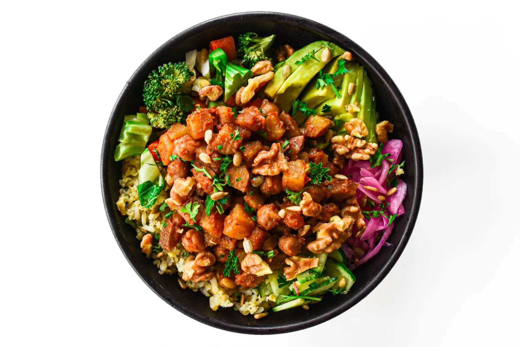 Chickpea Potato Hearty Bowl with Avocado and Walnuts and Smoky Chipotle Sauce