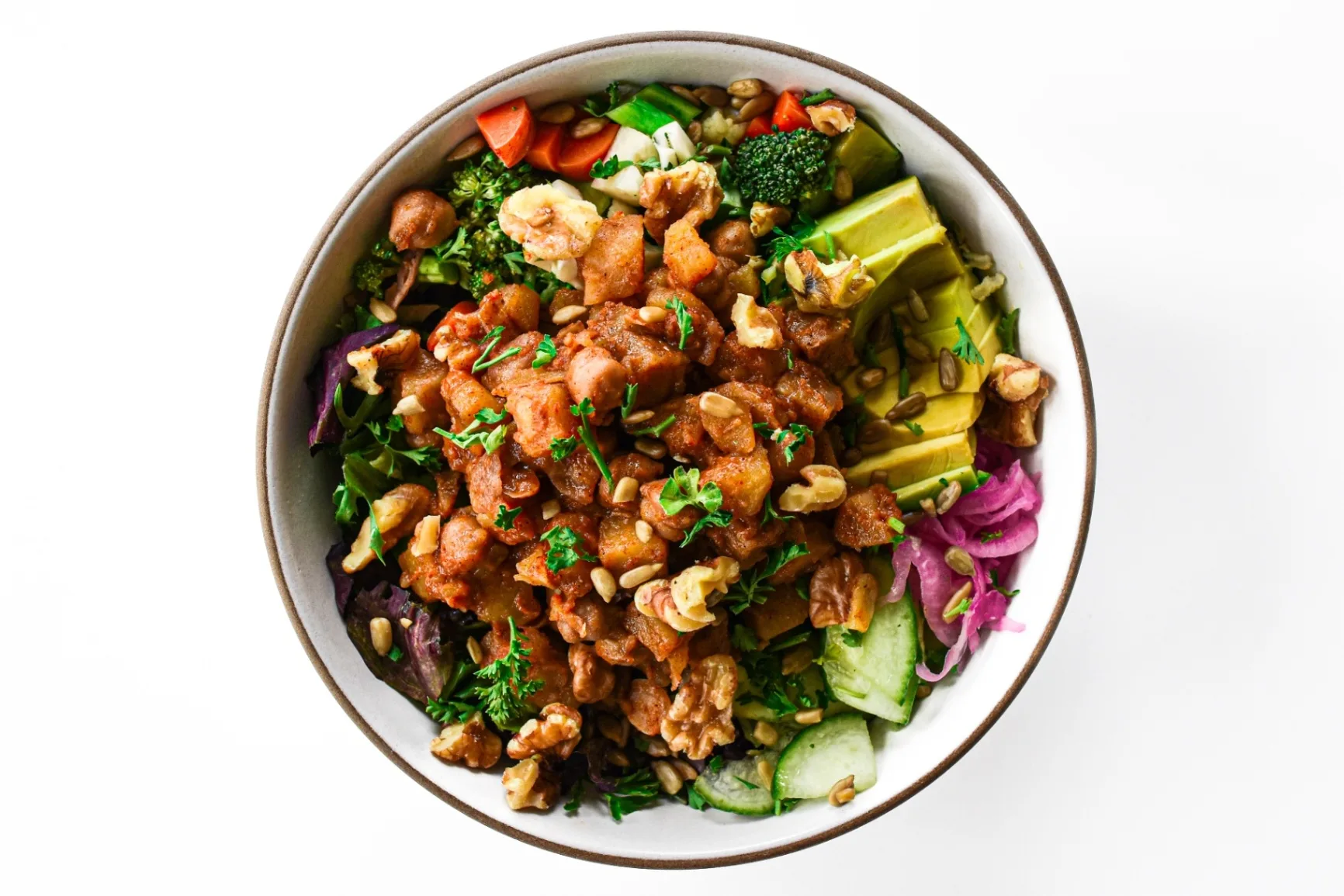Chickpea Potato Garden Bowl with Avocado and Walnuts and Lemon Thyme Sauce