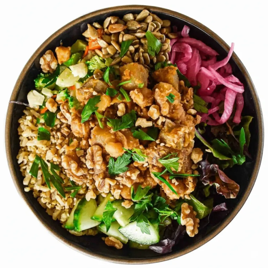 Chickpea Potato Mixed Bowl with Avocado and Walnuts and Lemon Thyme Sauce