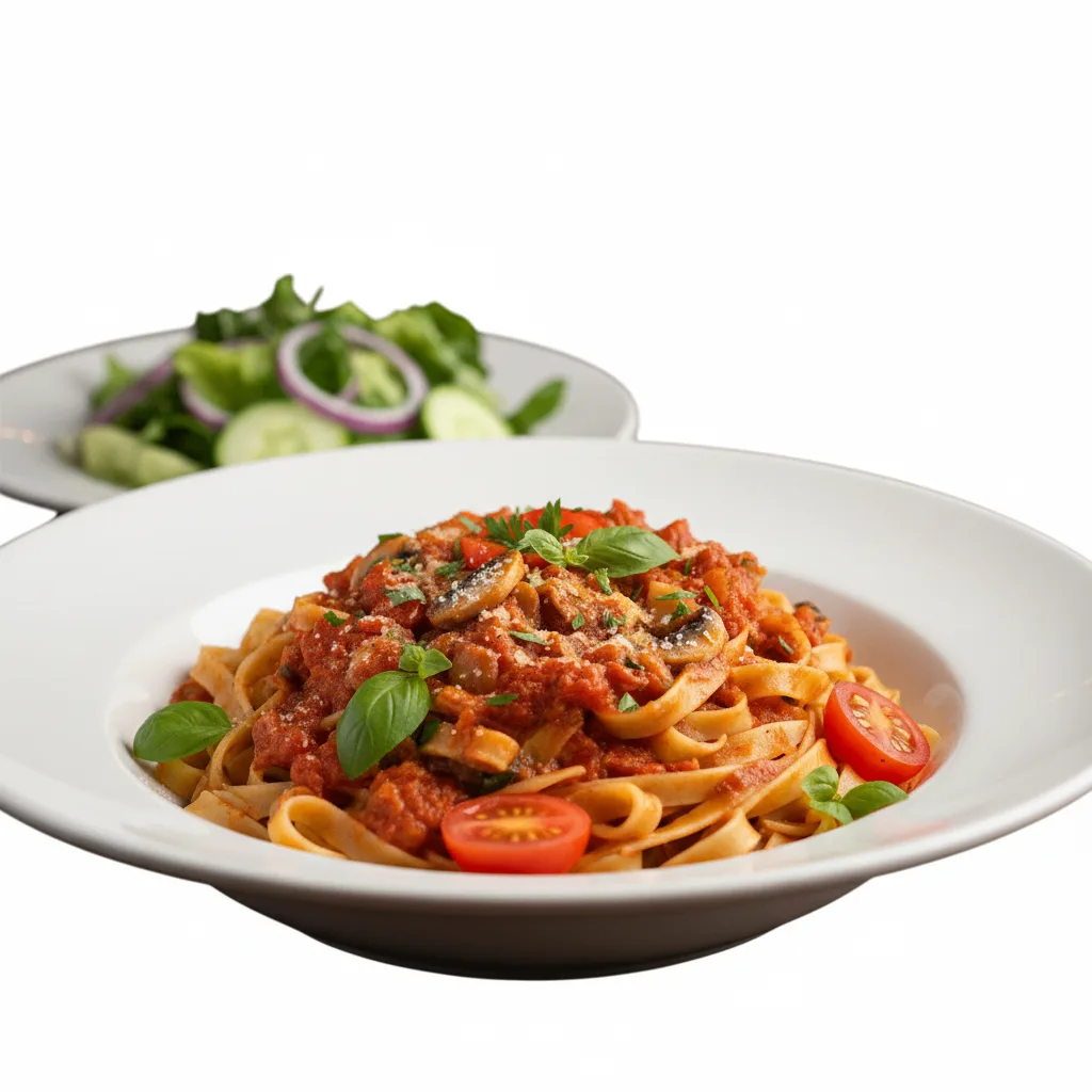 Vegan Fettuccine Marinara with Mixed Vegetables | Garden Salad