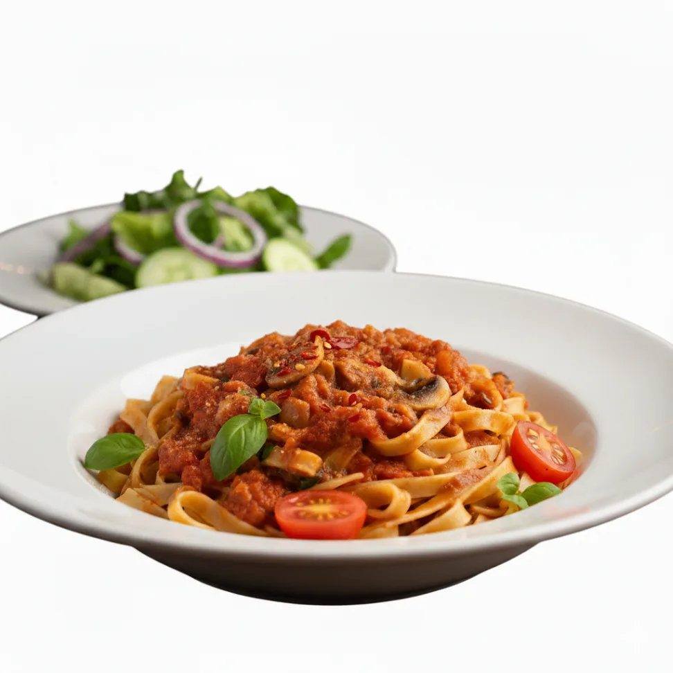 Vegan Fettuccine Arrabiata with Mixed Vegetables | Garden Salad