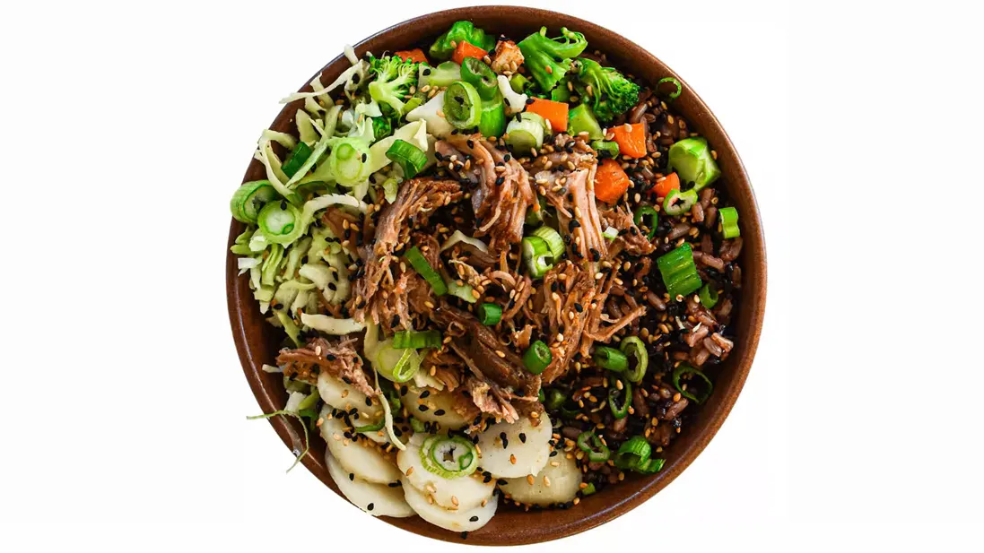 Pork Shoulder Rice and Cabbage Bowl with Garlic Sesame Soy Sauce