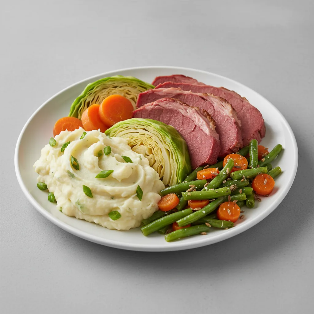 Corned Beef and Cabbage, Irish Champ Potatoes and Parsley Carrots and Green Beans