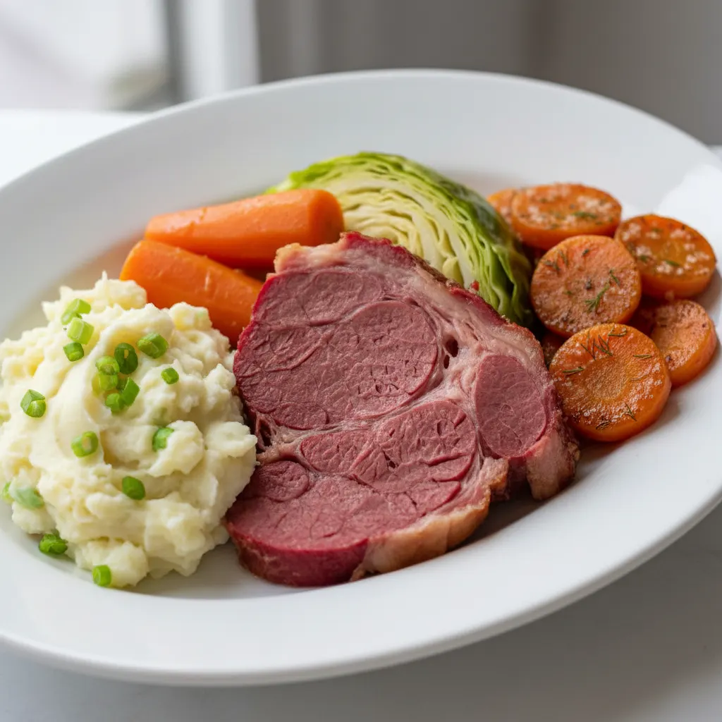 Corned Beef and Cabbage, Irish Champ Potatoes and Dill Carrot Coins
