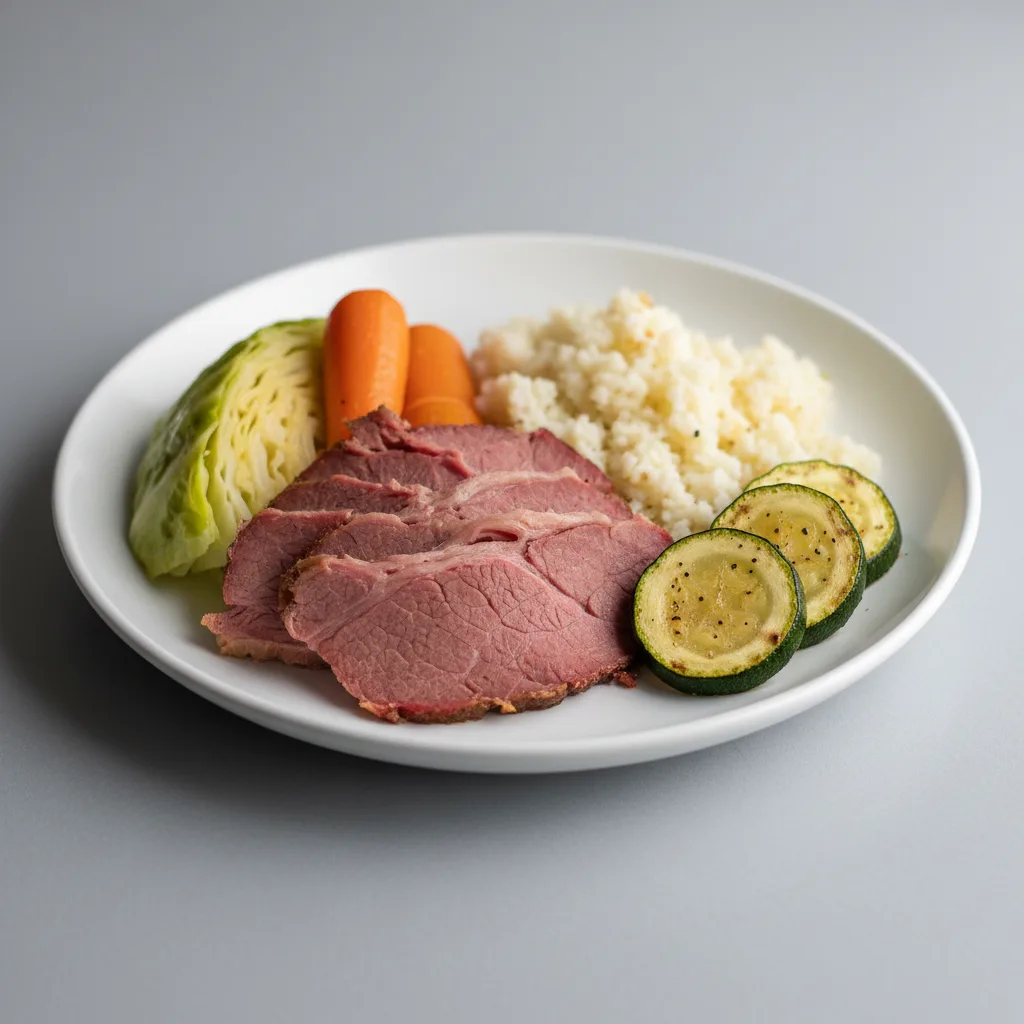 Light Carb Corned Beef and Cabbage, Cauliflower Rice and Green Roasted Zucchini