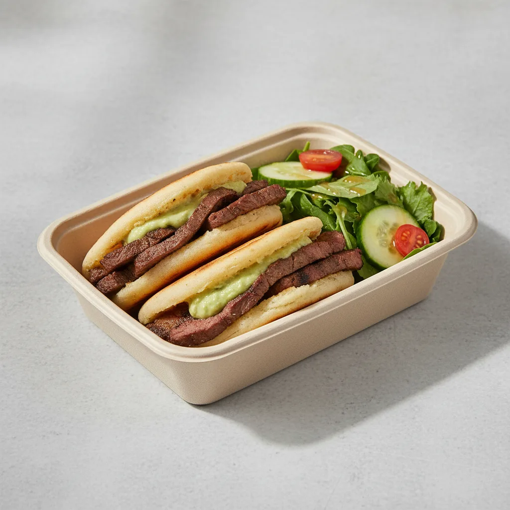 Arepa Carne Asada With Salad Boxed Meal Arepa Carne Asada With Salad Boxed Meal