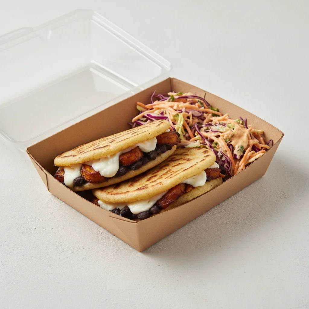 Arepa Vegetarian Domino With Coleslaw Boxed Meal Arepa Vegetarian Domino With Coleslaw Boxed Meal