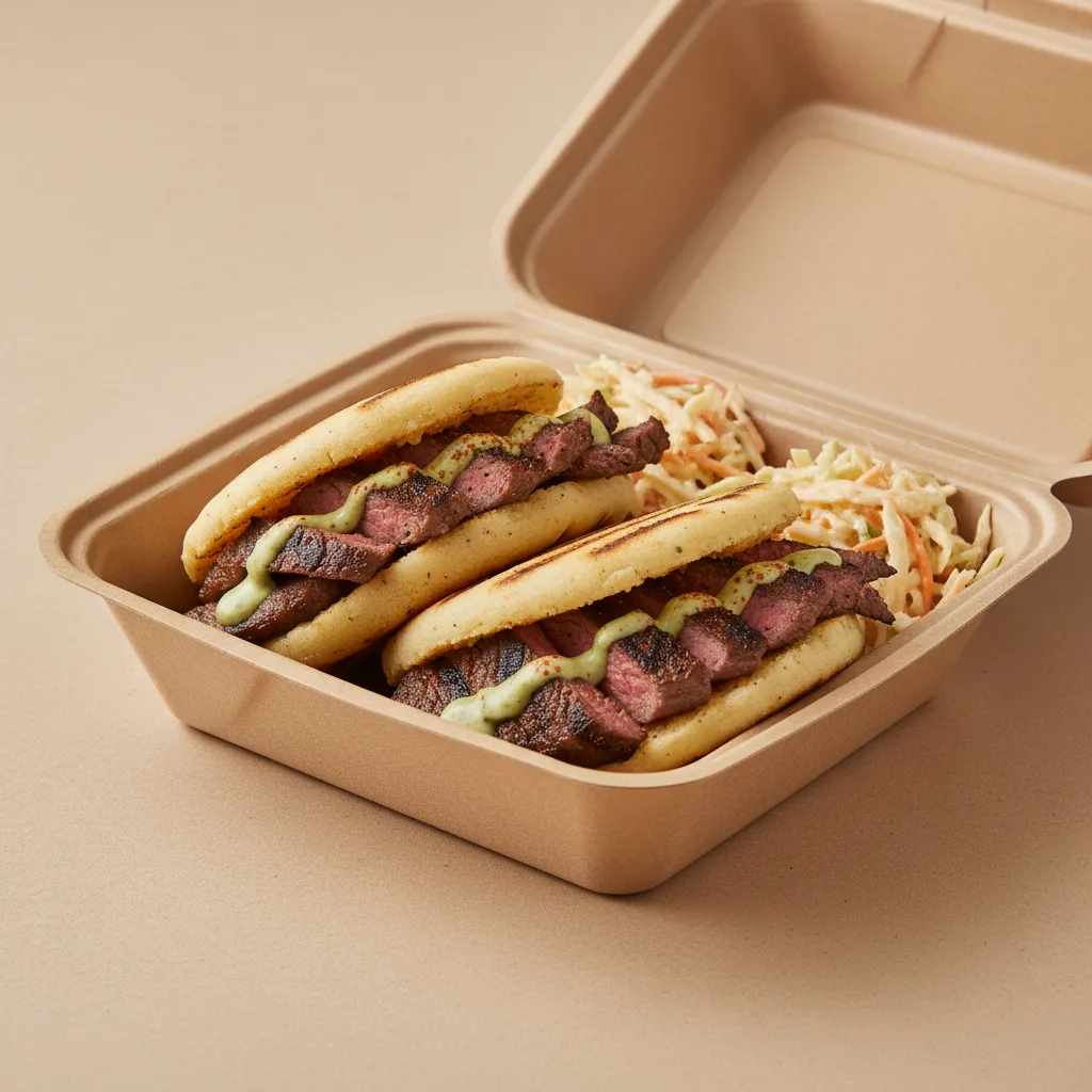 Arepa Carne Asada With Coleslaw Boxed Meal Arepa Carne Asada With Coleslaw Boxed Meal