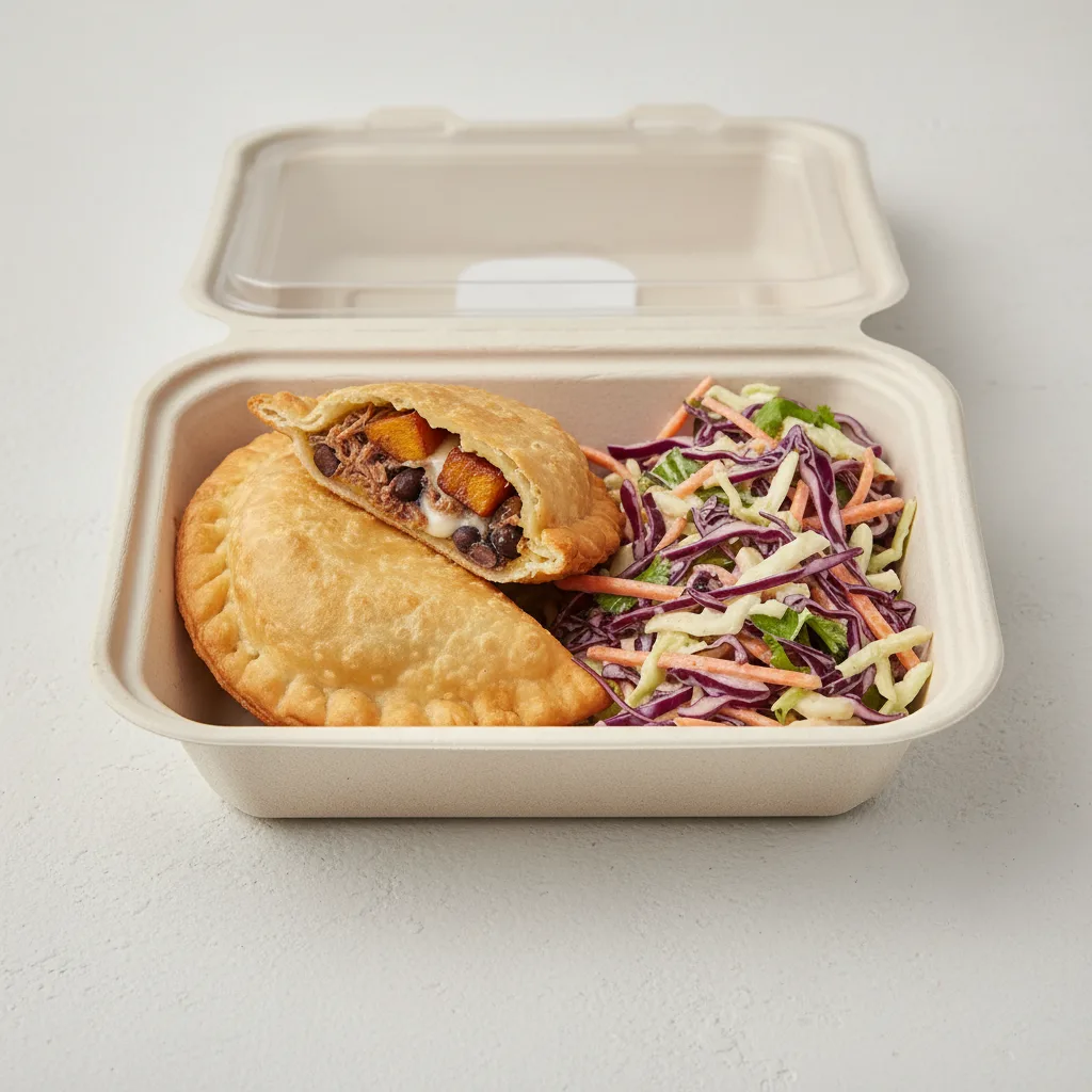 Empanada De Pabellon With Coleslaw Boxed Meal Empanada De Pabellon With Coleslaw Boxed Meal