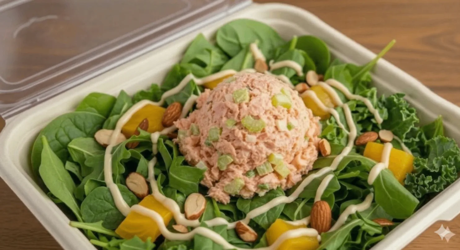 Mixed Greens with Golden Beets & Almonds with Lemon Tahini Dressing with Sockeye Salmon Salad