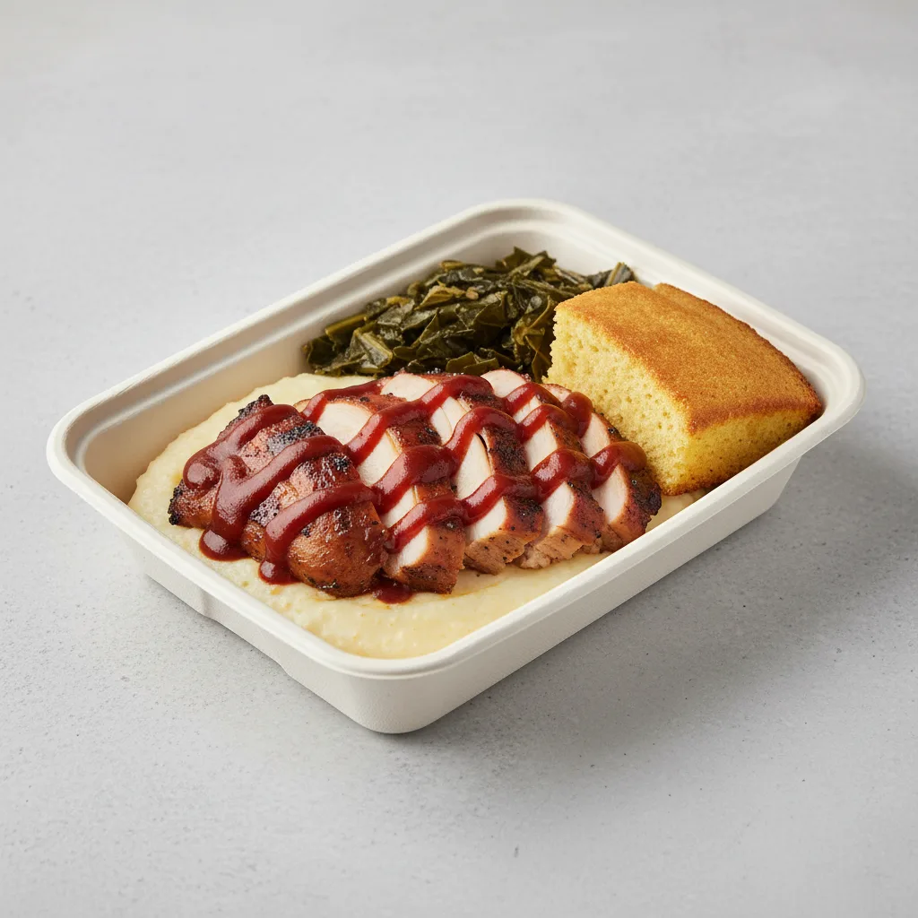 BBQ Boneless Chicken Thighs with Grits Plate BBQ Boneless Chicken Thighs with Grits Plate