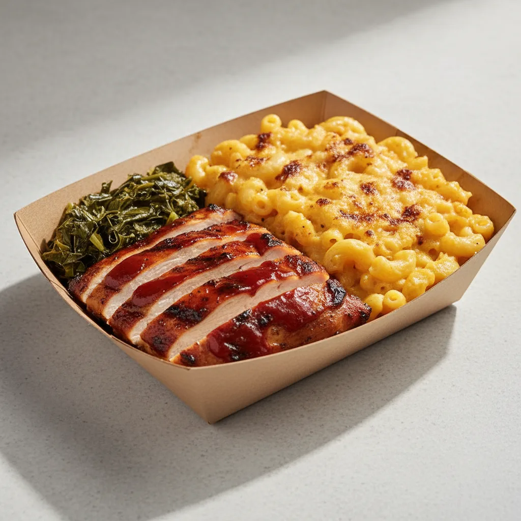 BBQ Boneless Chicken Thighs with Mac N Cheese Plate BBQ Boneless Chicken Thighs with Mac N Cheese Plate