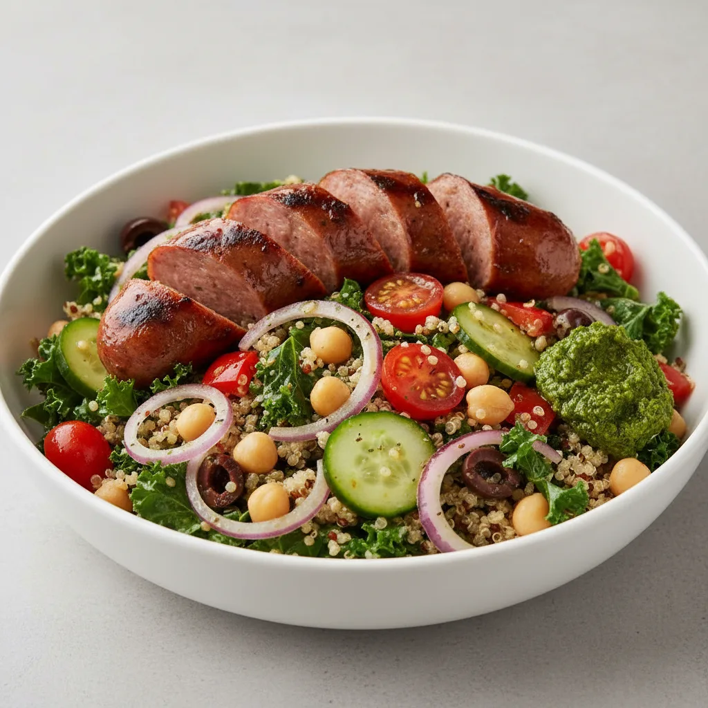 Sausages Power Bowl with Quinoa and Kale Salad Sausages Power Bowl with Quinoa and Kale Salad