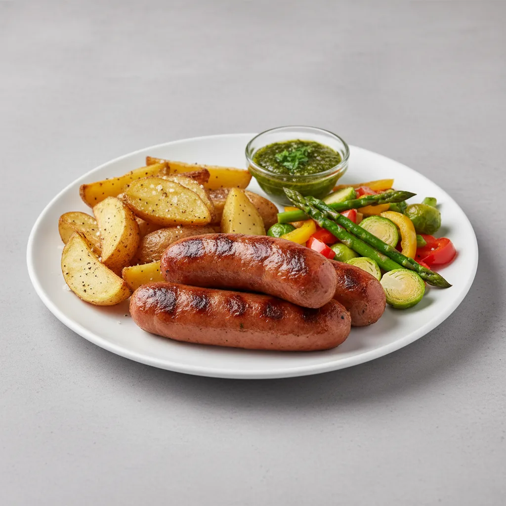 Argentinian Pork Sausage with Roasted Potatoes & Season Veggies and Chimichurri Sauce Argentinian Pork Sausage with Roasted Potatoes & Season Veggies and Chimichurri Sauce