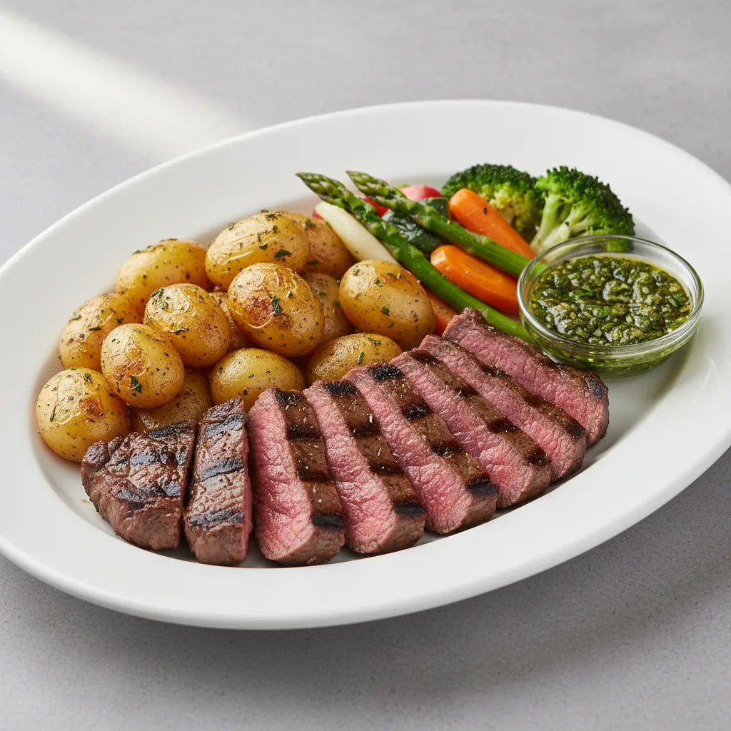 Grilled Sirloin Steak with Roasted Potatoes & Season Veggies and Chimichurri Sauce Grilled Sirloin Steak with Roasted Potatoes & Season Veggies and Chimichurri Sauce