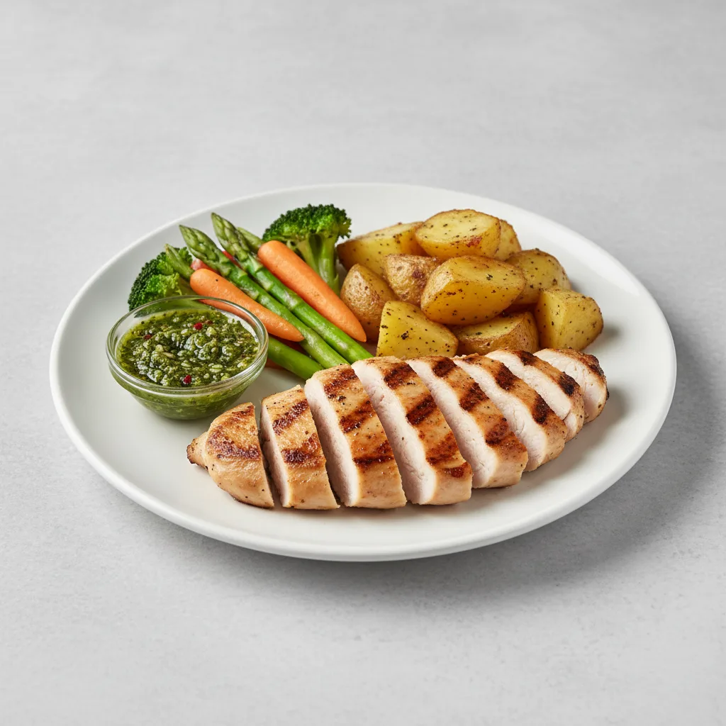 Grilled Chicken with Roasted Potatoes & Season Veggies and Chimichurri Sauce Grilled Chicken with Roasted Potatoes & Season Veggies and Chimichurri Sauce