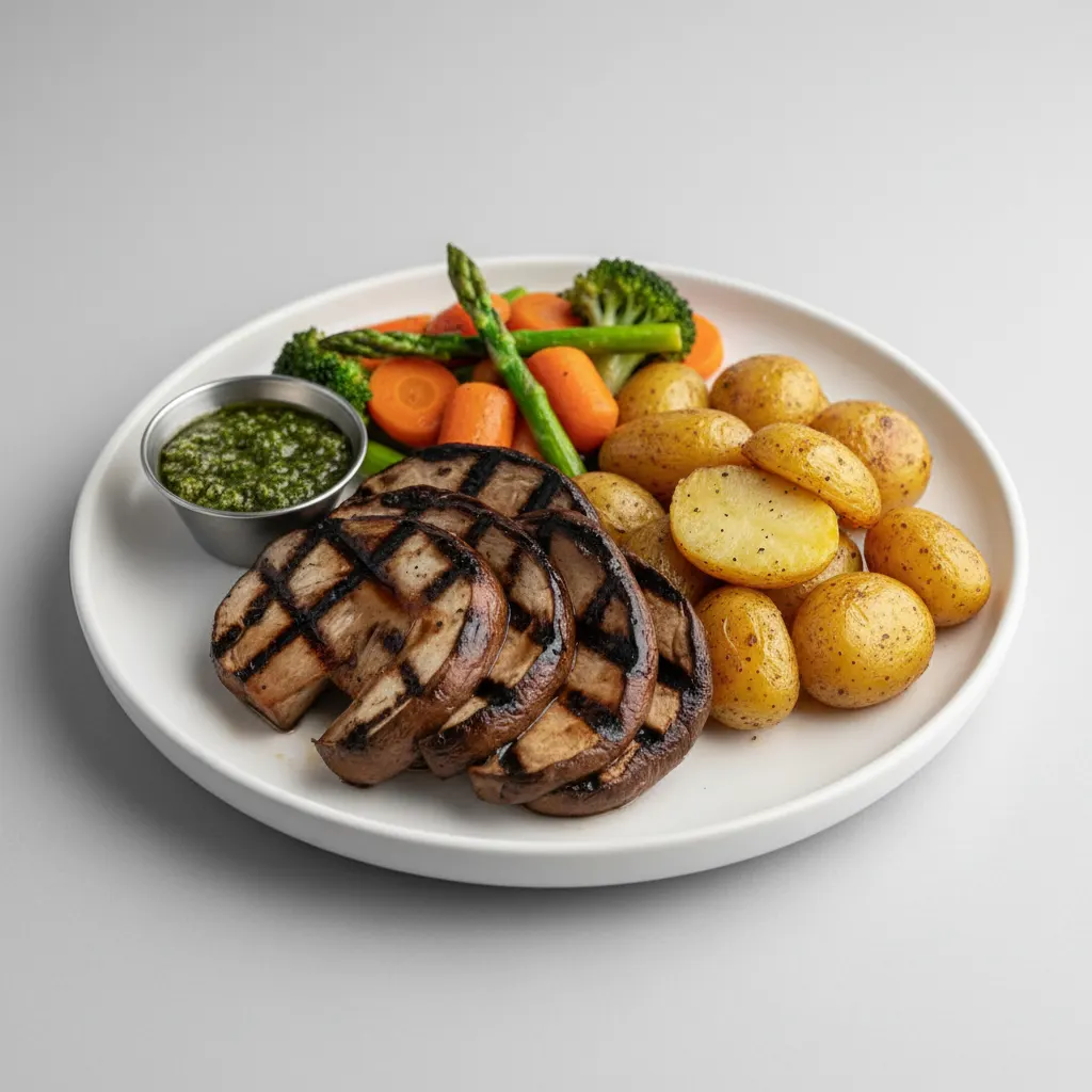 Grilled Portobello Mushroom with Roasted Potatoes & Season Veggies and Chimichurri Sauce (Vegan) Grilled Portobello Mushroom with Roasted Potatoes & Season Veggies and Chimichurri Sauce (Vegan)