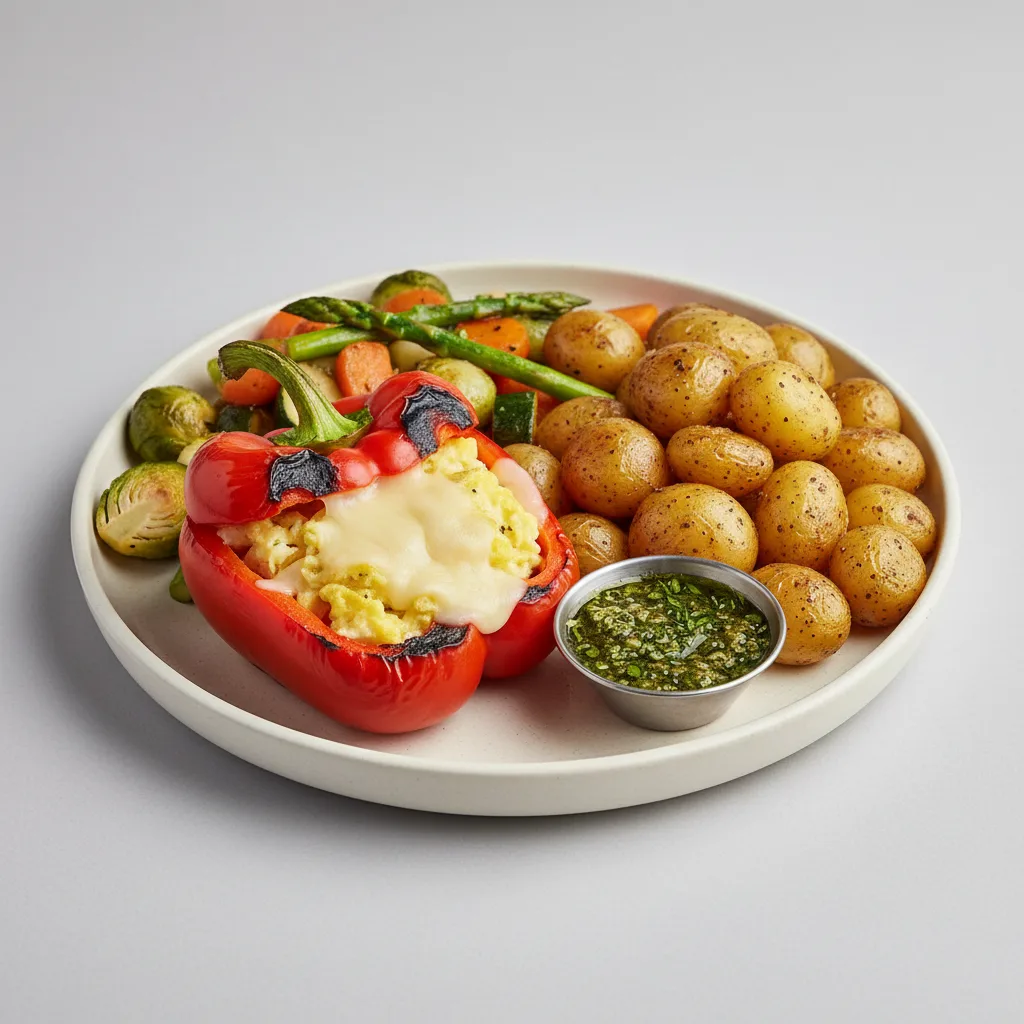 Grilled Stuffed Bell Peppers with Roasted Potatoes & Season Veggies and Chimichurri Sauce (Vegetarian) Grilled Stuffed Bell Peppers with Roasted Potatoes & Season Veggies and Chimichurri Sauce (Vegetarian)
