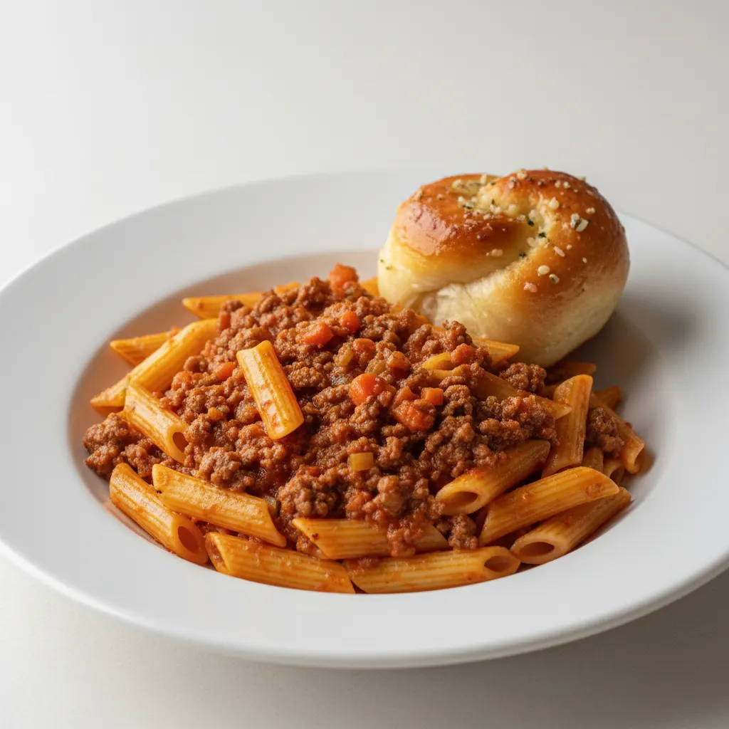 Penne With Bolognese and Garlic Knot Penne With Bolognese and Garlic Knot