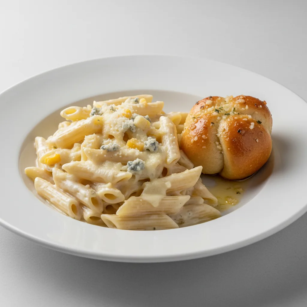 Penne With Quattro Formaggi and Garlic Knot Penne With Quattro Formaggi and Garlic Knot