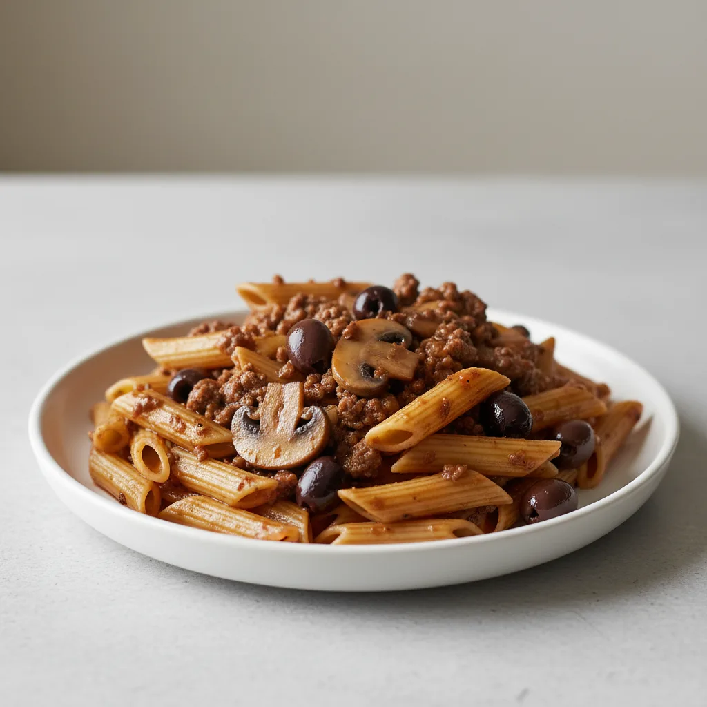 Penne With Beef, Mushroom and Olives Penne With Beef, Mushroom and Olives