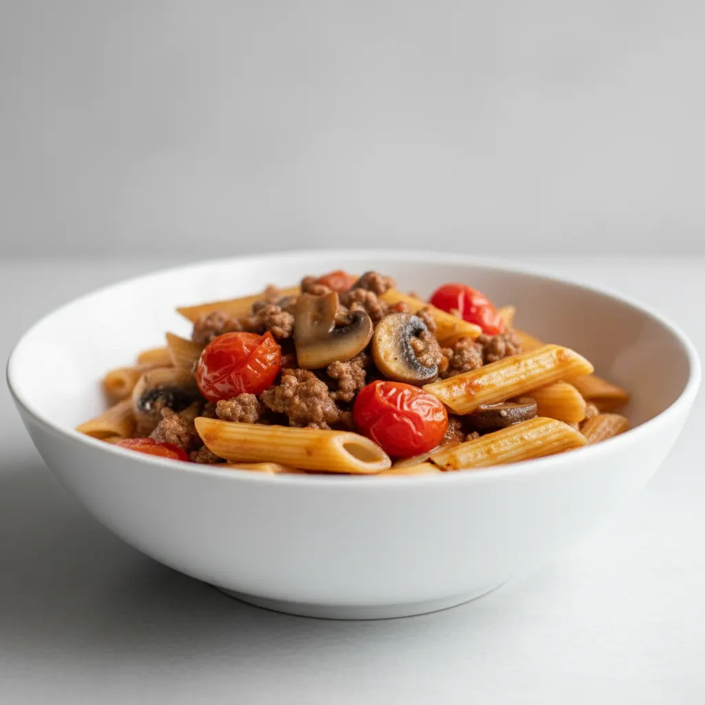 Penne With Beef, Mushroom and Tomatoes Penne With Beef, Mushroom and Tomatoes