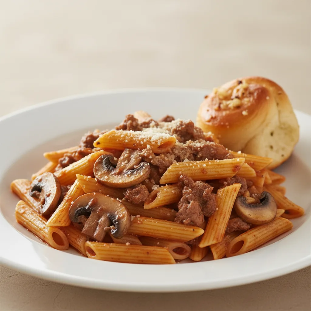 Penne With Beef, Mushroom and Garlic Knot Penne With Beef, Mushroom and Garlic Knot