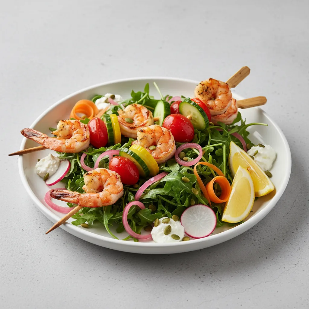 Grilled Prawns Skewer Arugula Bowl Grilled Prawns Skewer Arugula Bowl