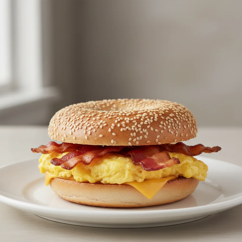 Egg, Cheese and Bacon Sandwich - Sesame Bagel Egg, Cheese and Bacon Sandwich - Sesame Bagel