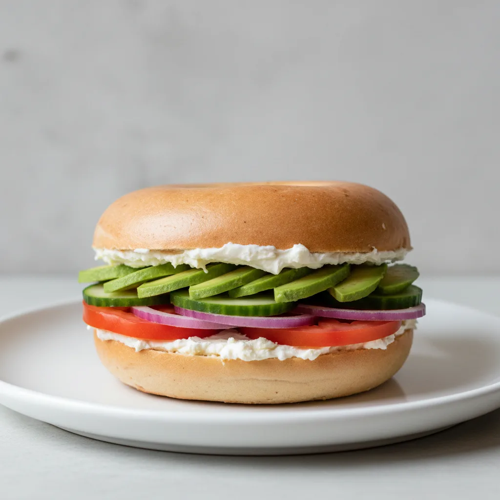 Plain Cream Cheese, Veggie and Avocado Sandwich - Plain Bagel Plain Cream Cheese, Veggie and Avocado Sandwich - Plain Bagel