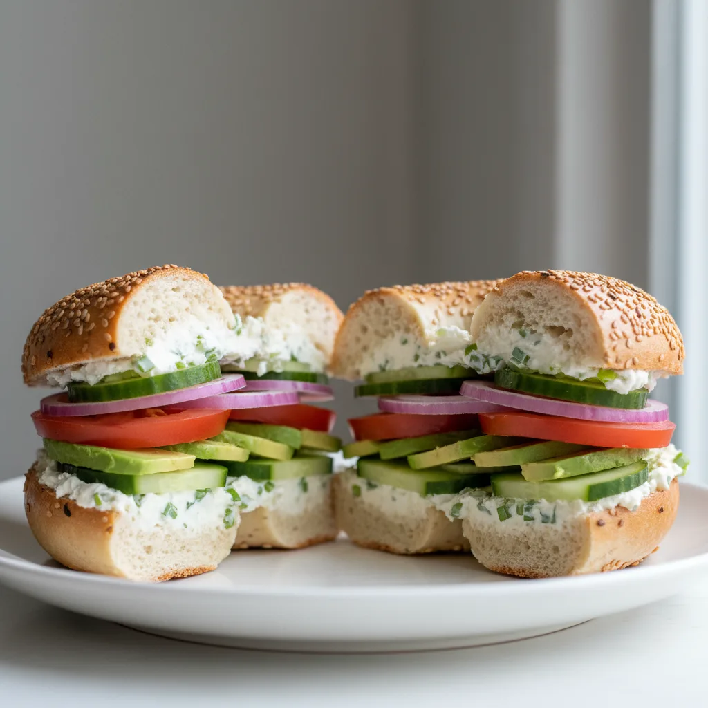 Scallion Cream Cheese, Veggie and Avocado Sandwich - Sesame Bagel Scallion Cream Cheese, Veggie and Avocado Sandwich - Sesame Bagel