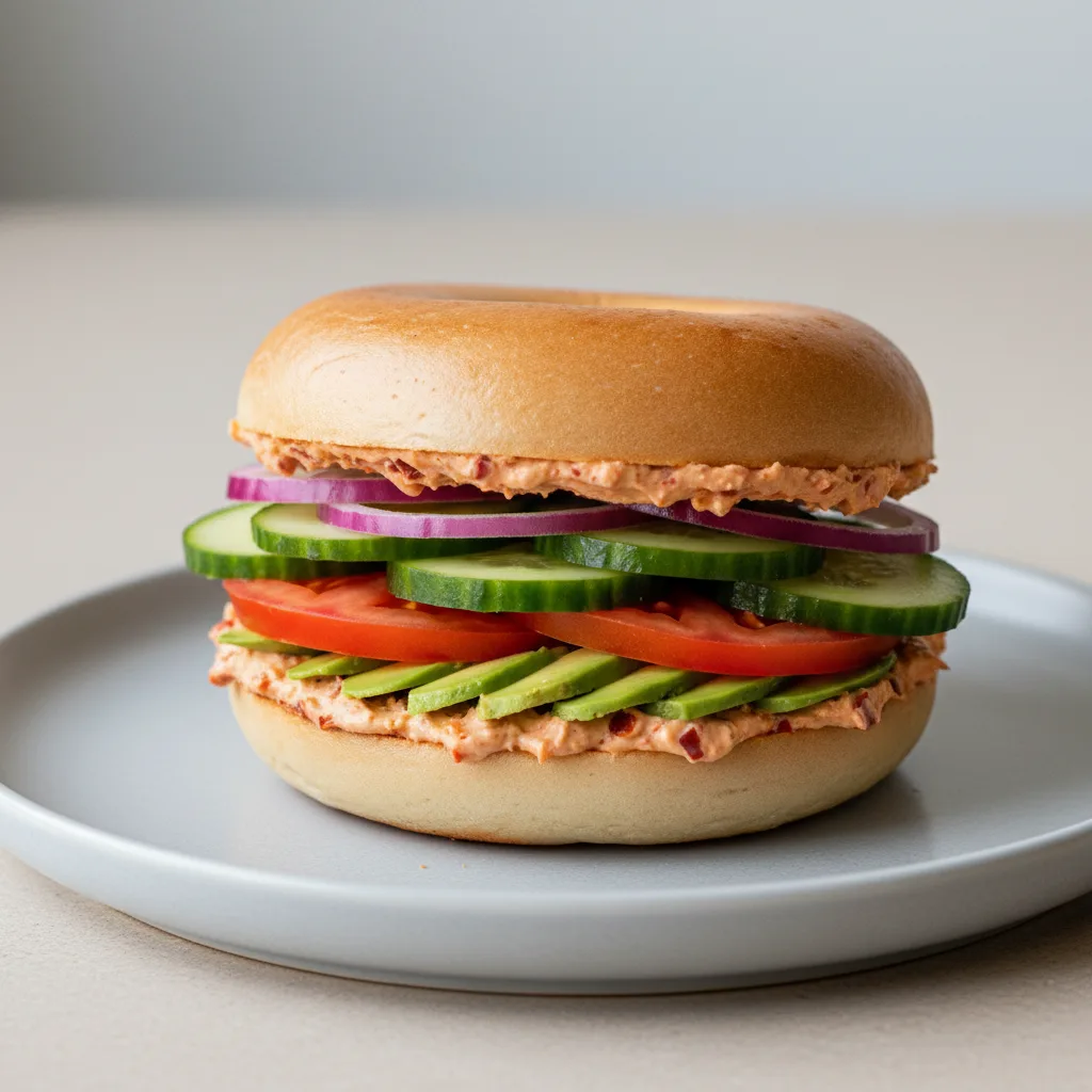 Garlic Chili Crisp Cream Cheese, Veggie and Avocado Sandwich - Plain Bagel Garlic Chili Crisp Cream Cheese, Veggie and Avocado Sandwich - Plain Bagel