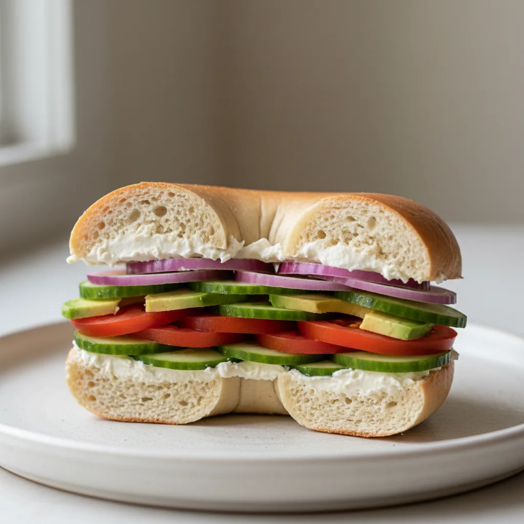 Vegan Cream Cheese, Veggie and Avocado Sandwich - Plain Bagel Vegan Cream Cheese, Veggie and Avocado Sandwich - Plain Bagel
