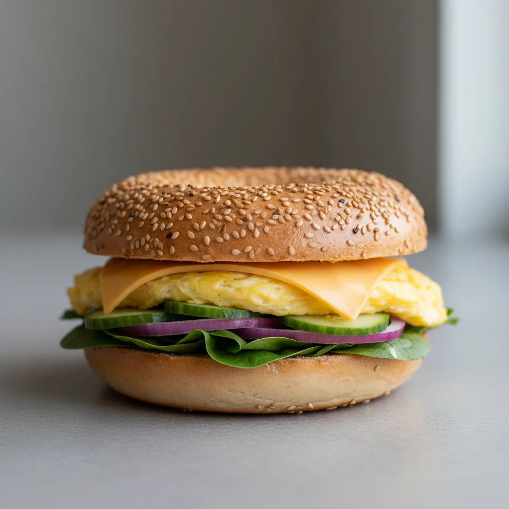 Sesame Bagel Classic Breakfast Sandwich Spinach, Red Onion, Cucumber Sesame Bagel Classic Breakfast Sandwich Spinach, Red Onion, Cucumber