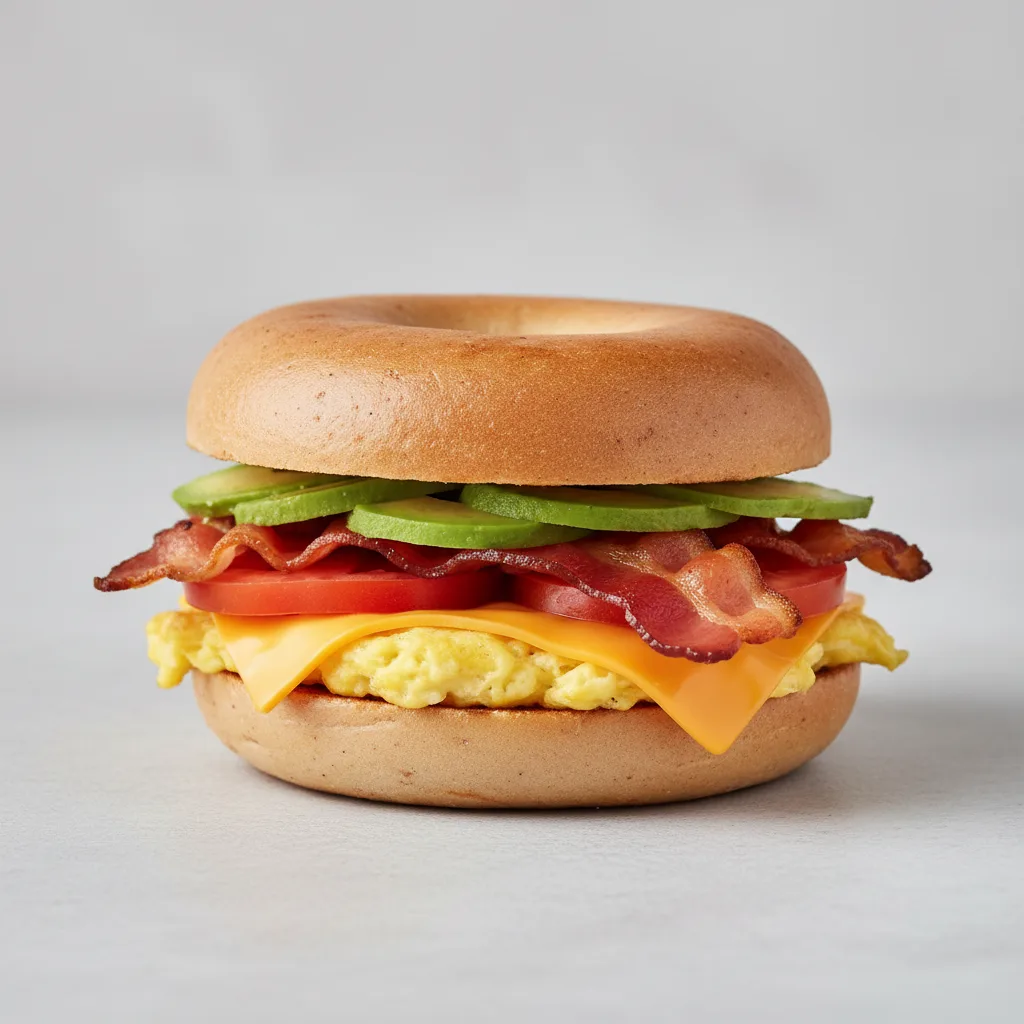 Gf Bagel Plain Classic Breakfast Sandwich Applewood Smoke Bacon, Avocado, Tomato Gf Bagel Plain Classic Breakfast Sandwich Applewood Smoke Bacon, Avocado, Tomato