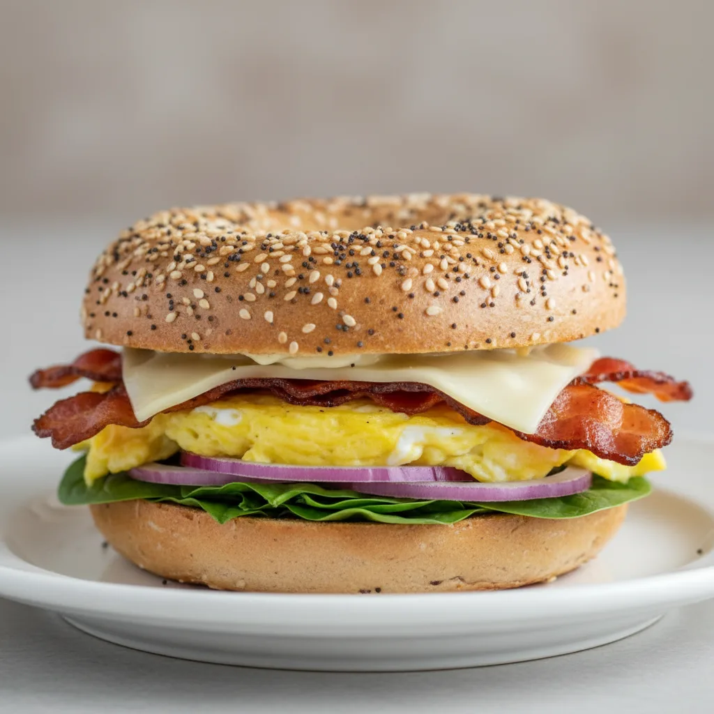 Gf Bagel Everything Classic Breakfast Sandwich Turkey Bacon, Spinach, Red Onion Gf Bagel Everything Classic Breakfast Sandwich Turkey Bacon, Spinach, Red Onion