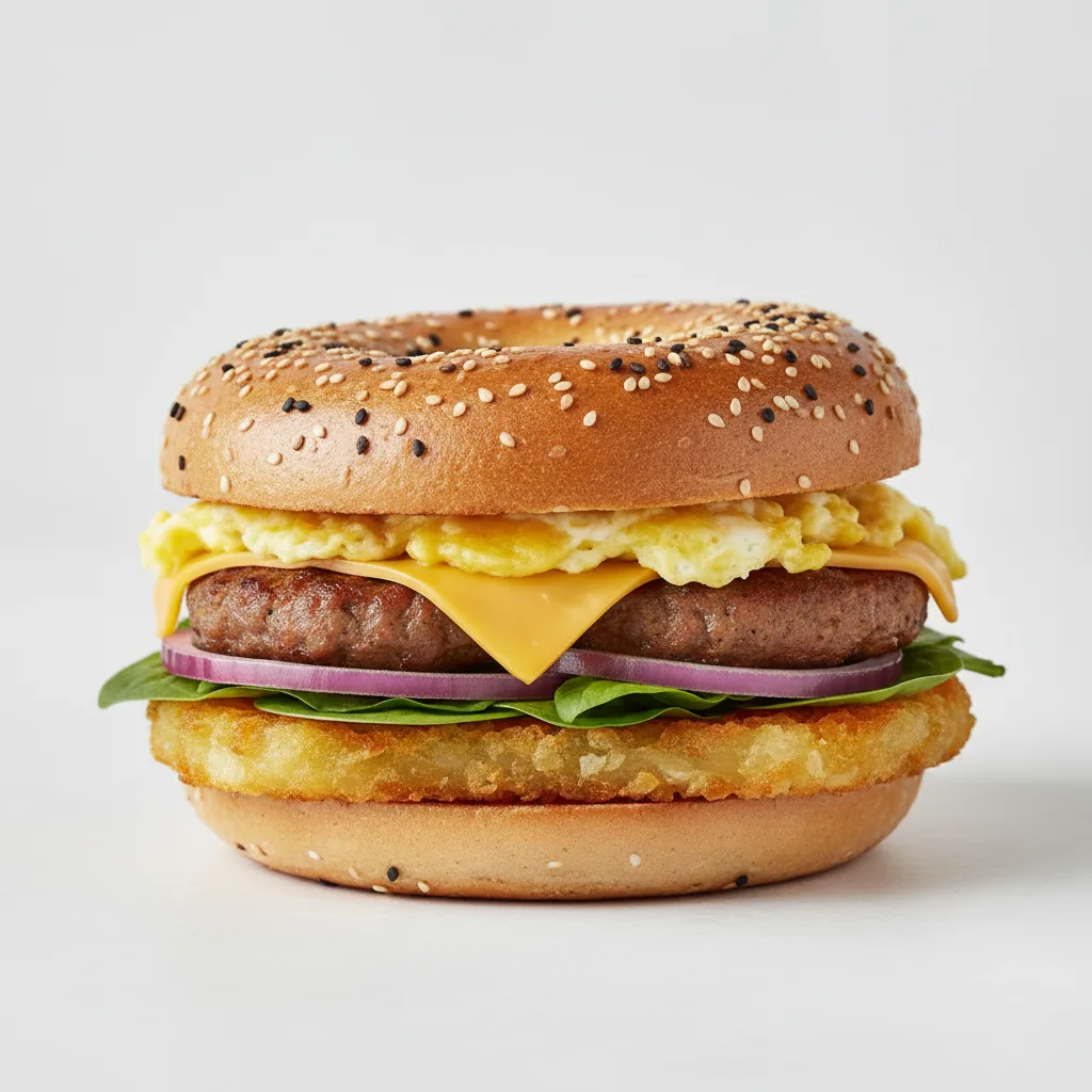 Gf Bagel Sandwich Maple Pork Sausage, Red Onion, Spinach, Hashbrown Gf Bagel Sandwich Maple Pork Sausage, Red Onion, Spinach, Hashbrown
