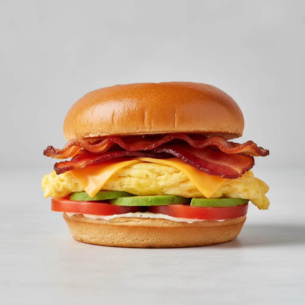 Brioche Bun Classic Breakfast Sandwich Applewood Smoke Bacon, Avocado, Tomato Brioche Bun Classic Breakfast Sandwich Applewood Smoke Bacon, Avocado, Tomato