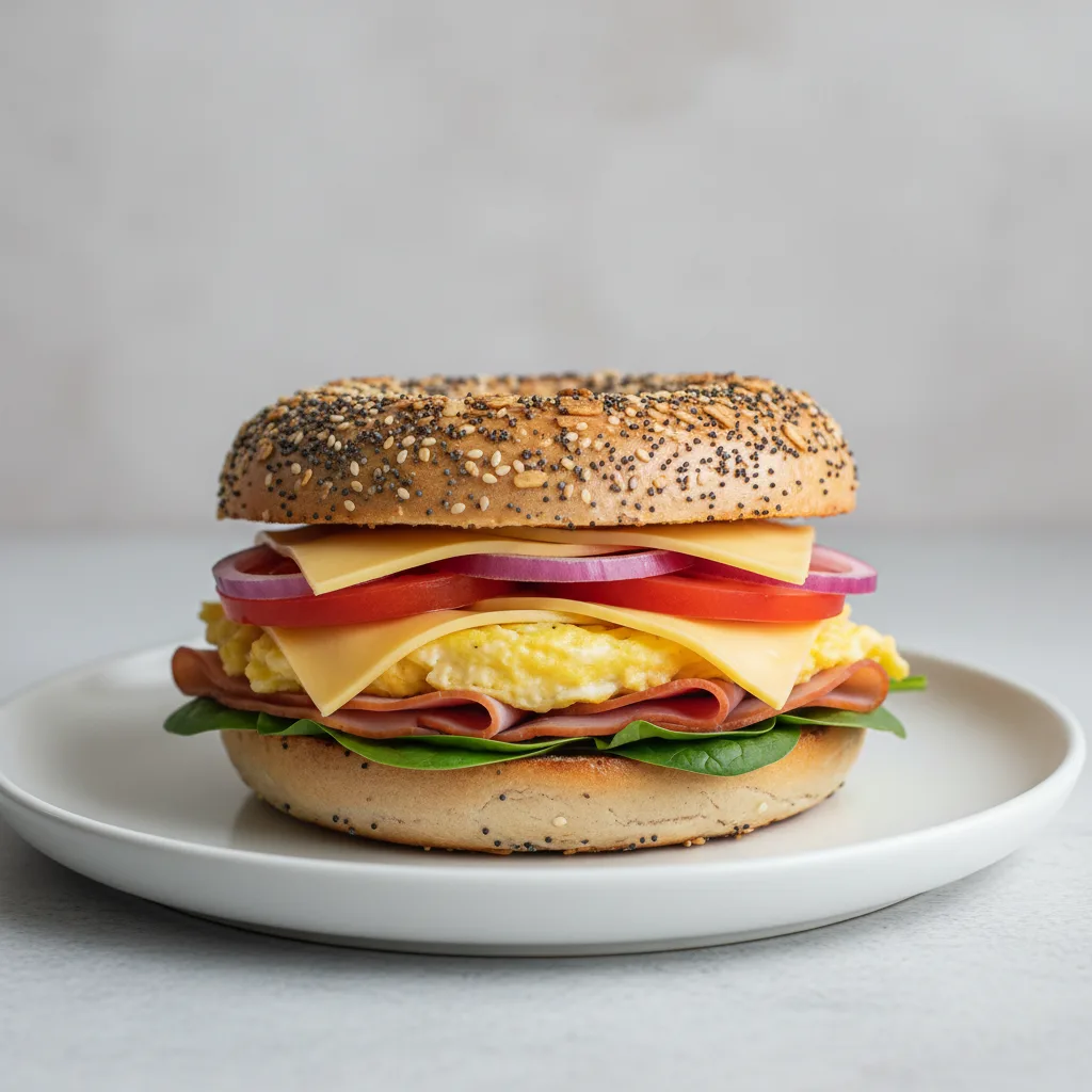 Everything Bagel Breakfast Sandwich Smoked Ham, Tomato, Red Onion, Spinach Everything Bagel Breakfast Sandwich Smoked Ham, Tomato, Red Onion, Spinach