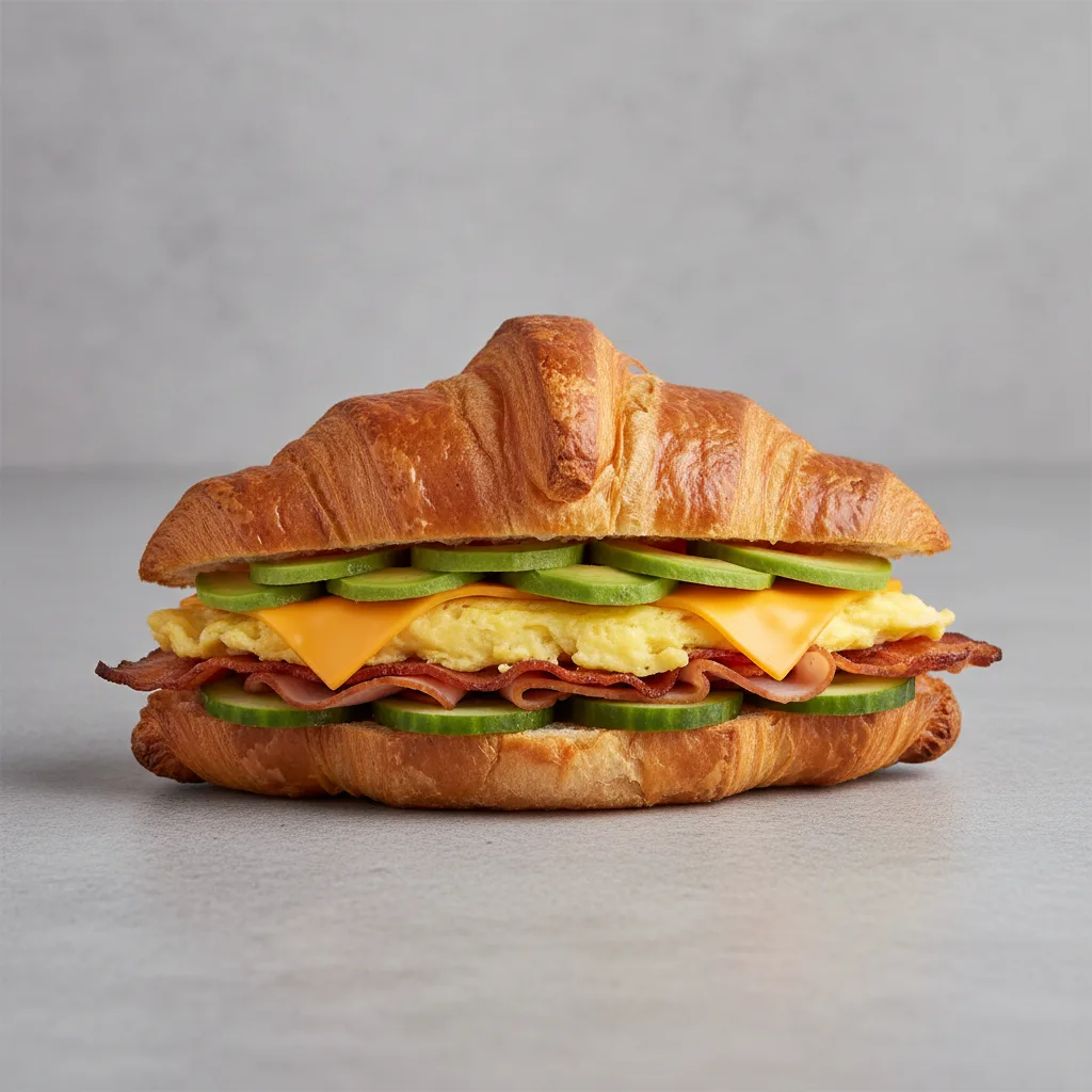 Croissant Classic Breakfast Sandwich Turkey Bacon, Avocado, Cucumber Croissant Classic Breakfast Sandwich Turkey Bacon, Avocado, Cucumber