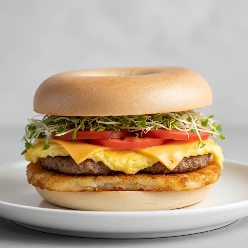 Plain Bagel Sandwich Maple Pork Sausage, Tomato, Alfalfa Sprouts, Hashbrown Plain Bagel Sandwich Maple Pork Sausage, Tomato, Alfalfa Sprouts, Hashbrown