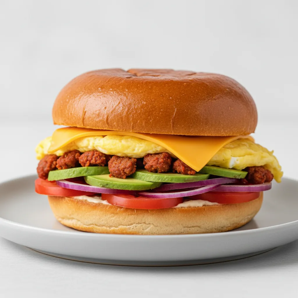 Brioche Bun Breakfast Sandwich Spicy Pork Chorizo, Avocado, Tomato, Red Onion Brioche Bun Breakfast Sandwich Spicy Pork Chorizo, Avocado, Tomato, Red Onion