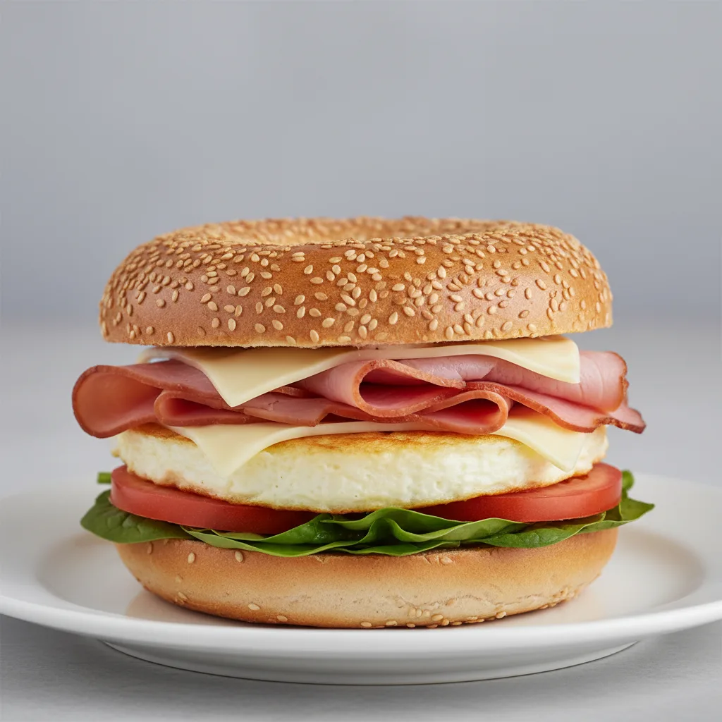Sesame Bagel Classic Breakfast Sandwich Smoked Ham, Spinach, Tomato, Egg White Sesame Bagel Classic Breakfast Sandwich Smoked Ham, Spinach, Tomato, Egg White