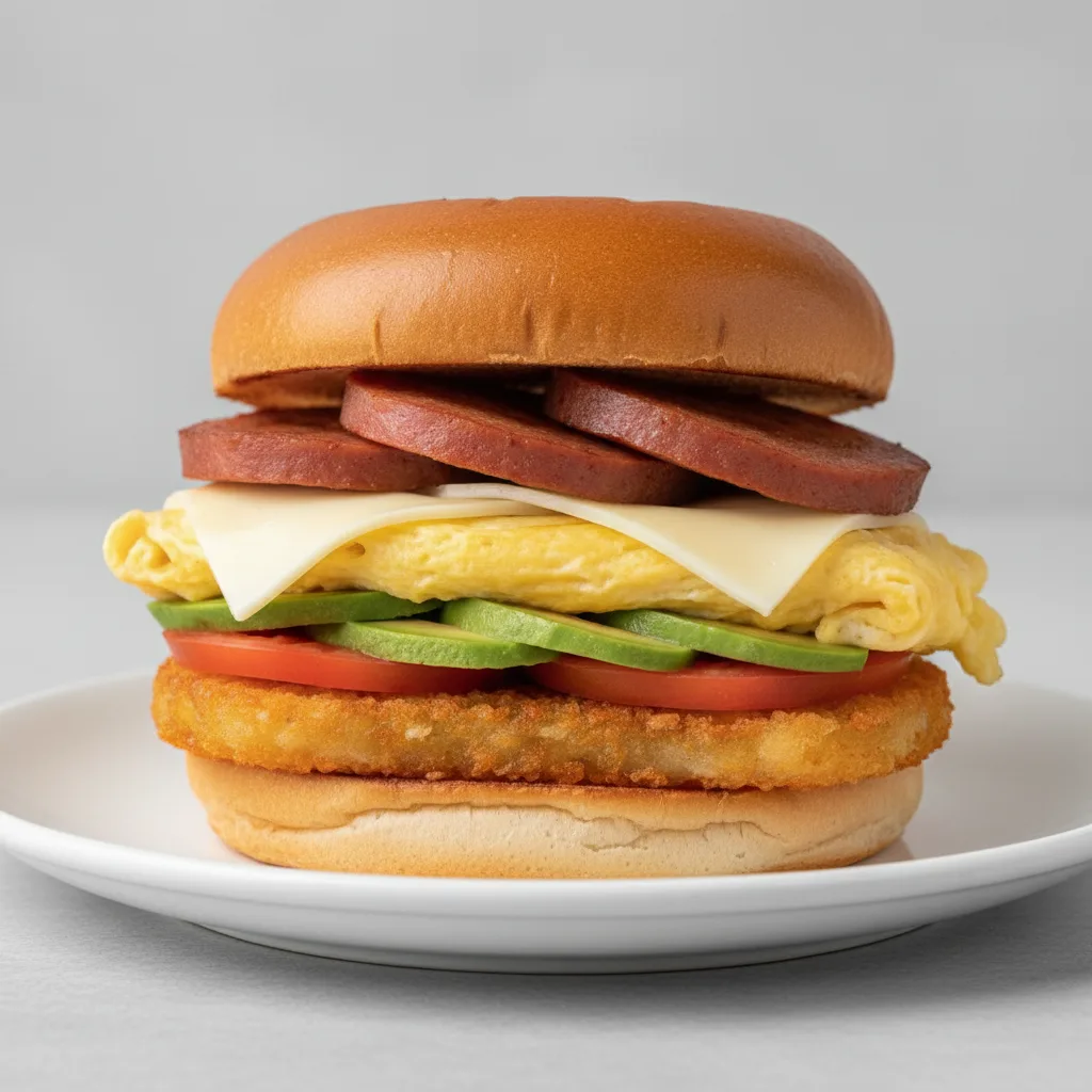Brioche Bun Classic Breakfast Sandwich Pork Roll, Avocado, Tomato, Hashbrown Brioche Bun Classic Breakfast Sandwich Pork Roll, Avocado, Tomato, Hashbrown