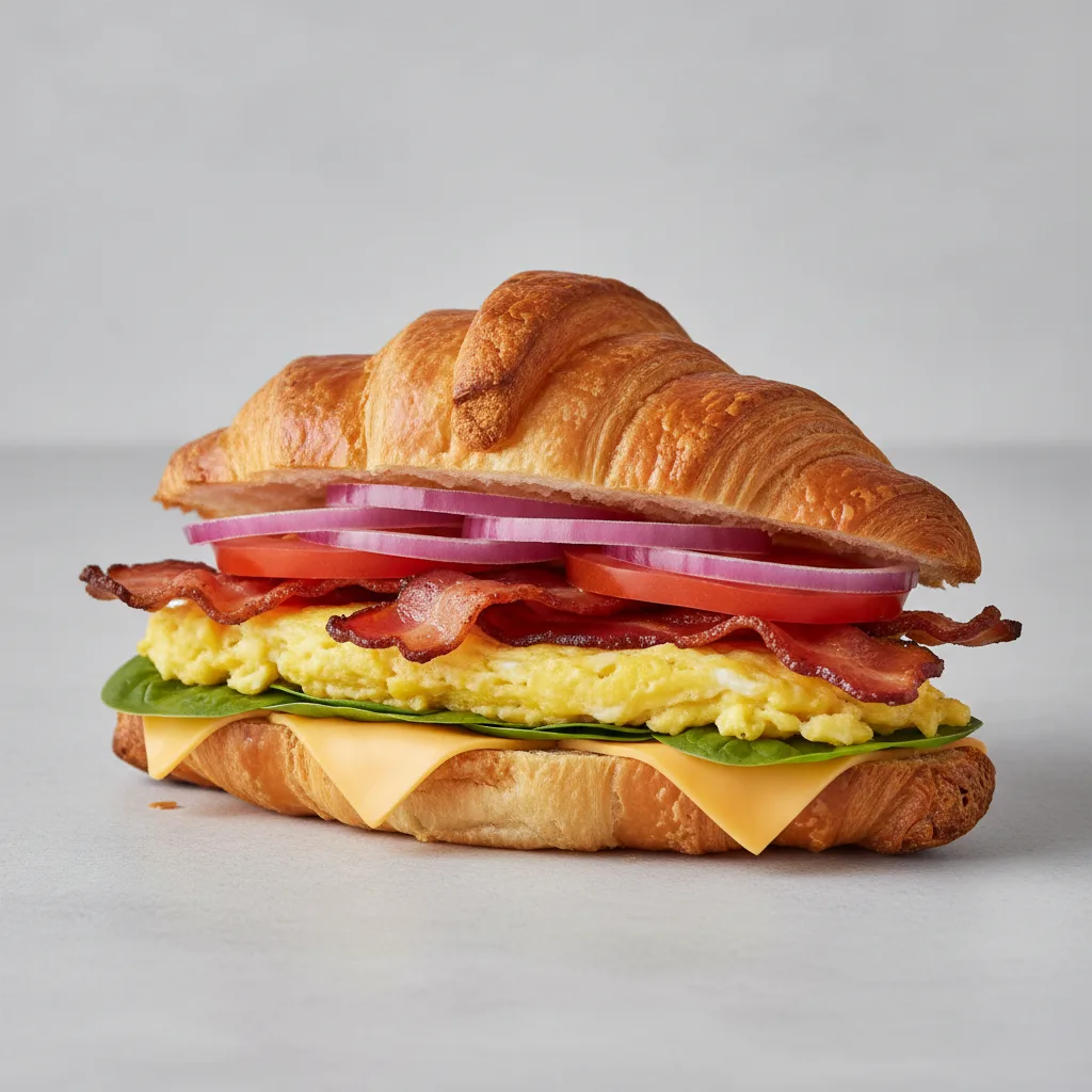 Croissant Breakfast Sandwich Applewood Smoke Bacon, Red Onion, Spinach, Tomato Croissant Breakfast Sandwich Applewood Smoke Bacon, Red Onion, Spinach, Tomato