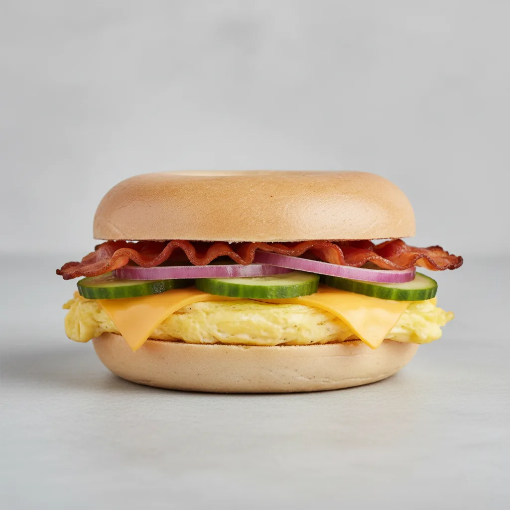 Plain Bagel Breakfast Sandwich Turkey Bacon, Avocado, Cucumber, Red Onion Plain Bagel Breakfast Sandwich Turkey Bacon, Avocado, Cucumber, Red Onion