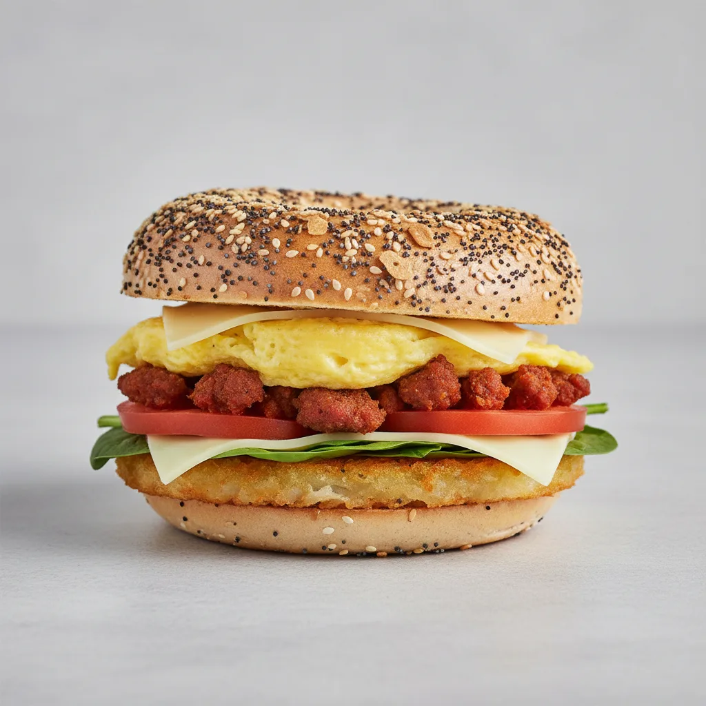 Everything Bagel Sandwich Spicy Pork Chorizo, Tomato, Spinach, Hashbrown Everything Bagel Sandwich Spicy Pork Chorizo, Tomato, Spinach, Hashbrown