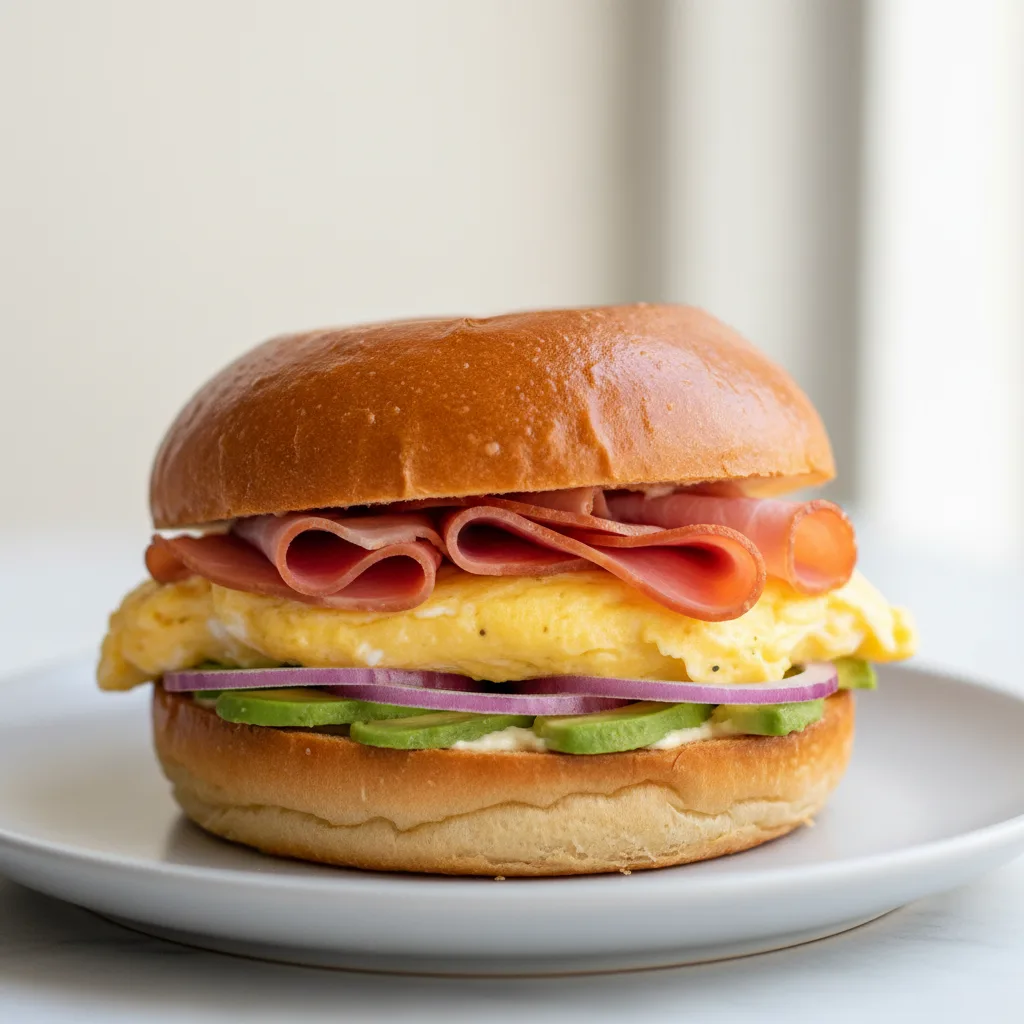 Brioche Bun Classic Breakfast Sandwich Smoked Ham, Avocado, Red Onion. Brioche Bun Classic Breakfast Sandwich Smoked Ham, Avocado, Red Onion.